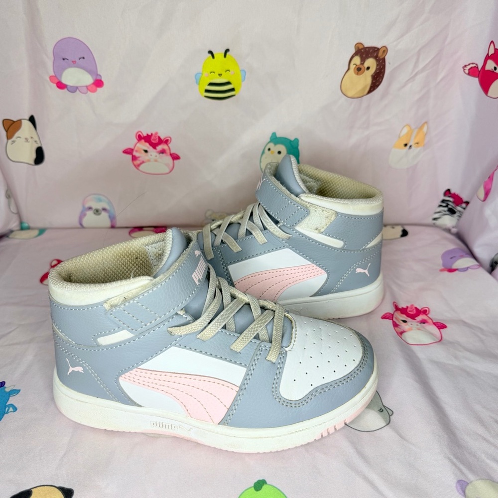 Puma Little Girl Rebound LayUp SL High Top Sneakers - Grey/Pink/White - Size 13C